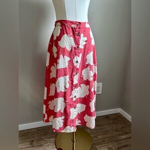 Linen cotton Women’s Pink leaf Floral Button-Front Midi Skirt summer spring